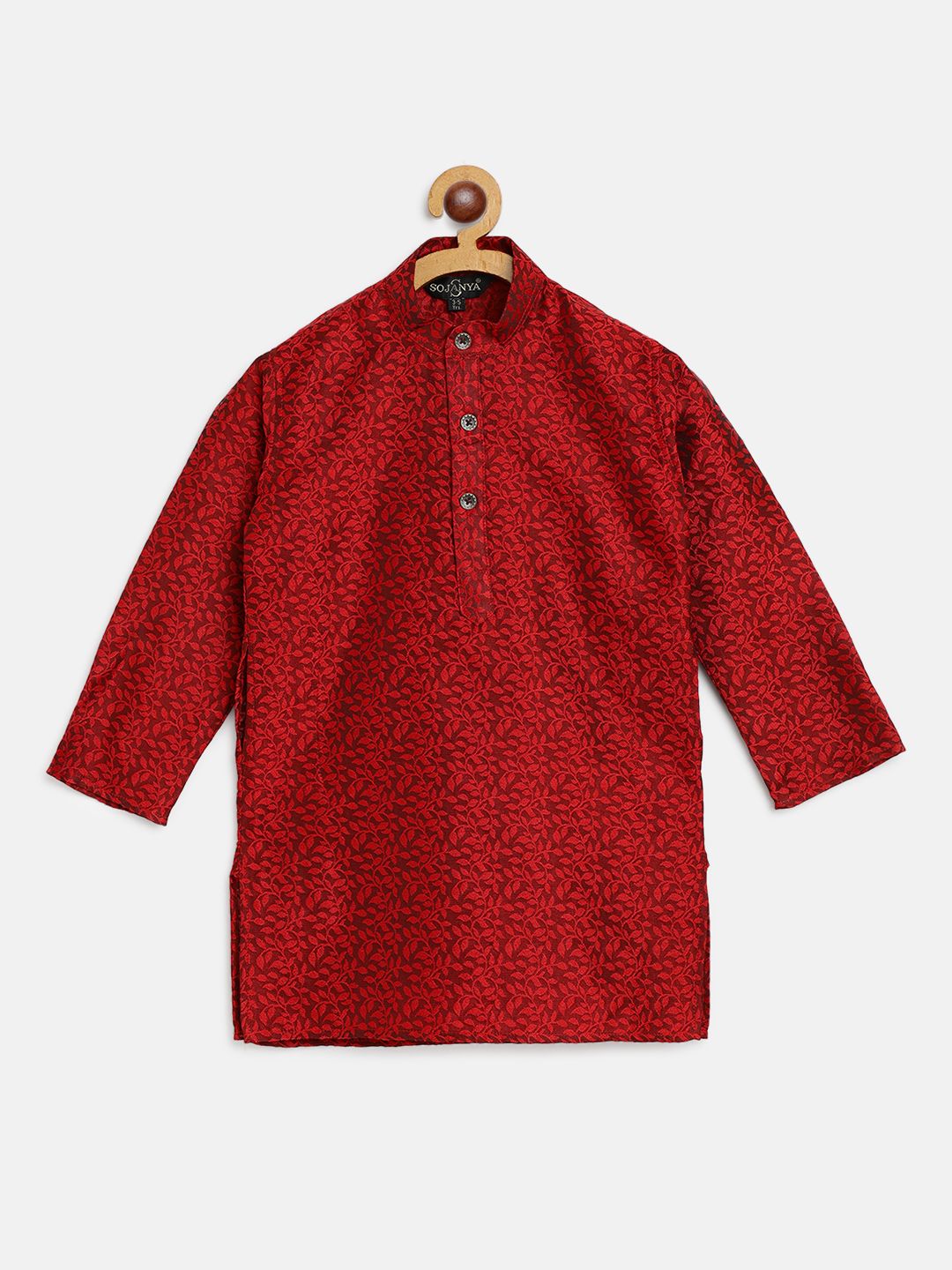 SOJANYA Boys Maroon Woven Design Jacquard Weave Band Collar Kurta