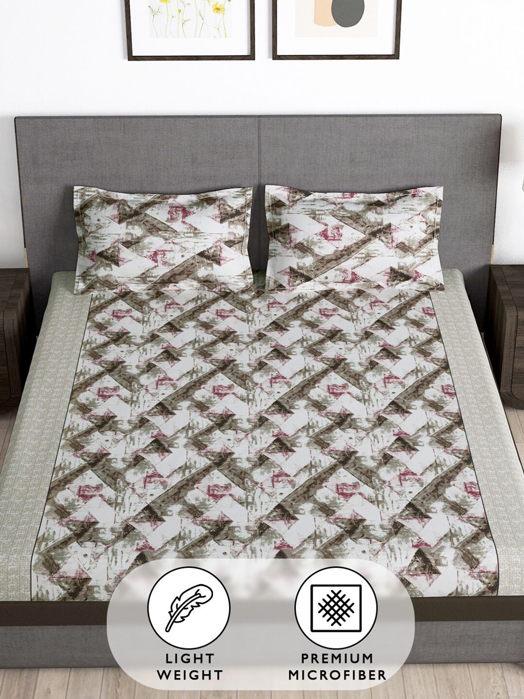Story@home Brown & White 180 TC Queen Bedsheet with 2 Pillow Covers