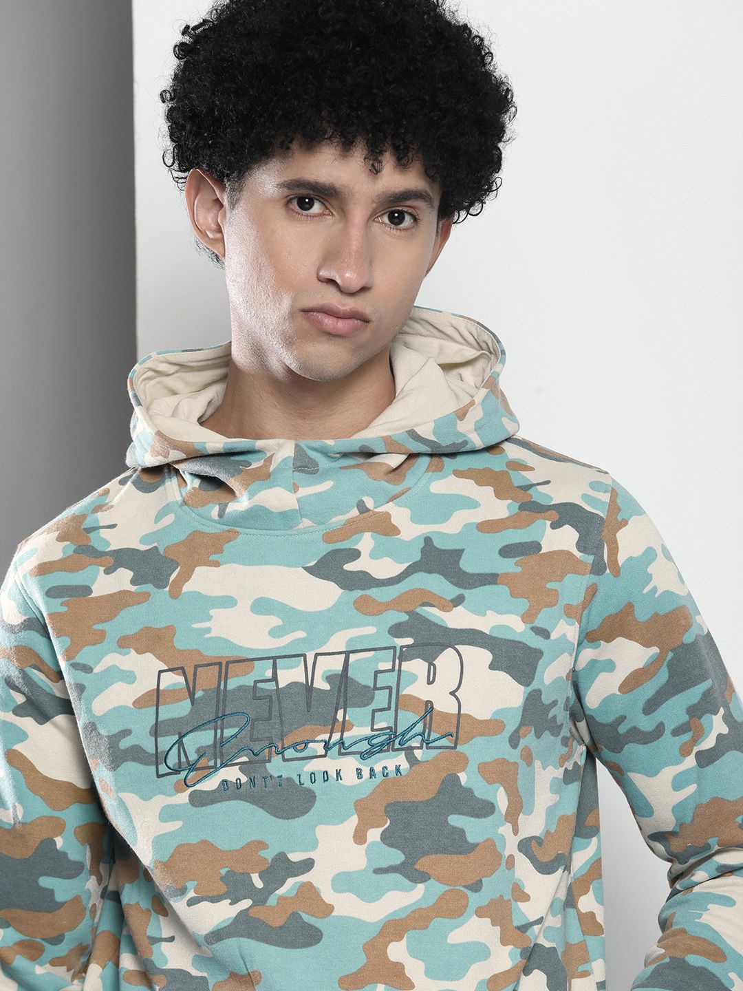 The Indian Garage Co Men Beige & Turquoise Blue Printed Hooded Sweatshirt