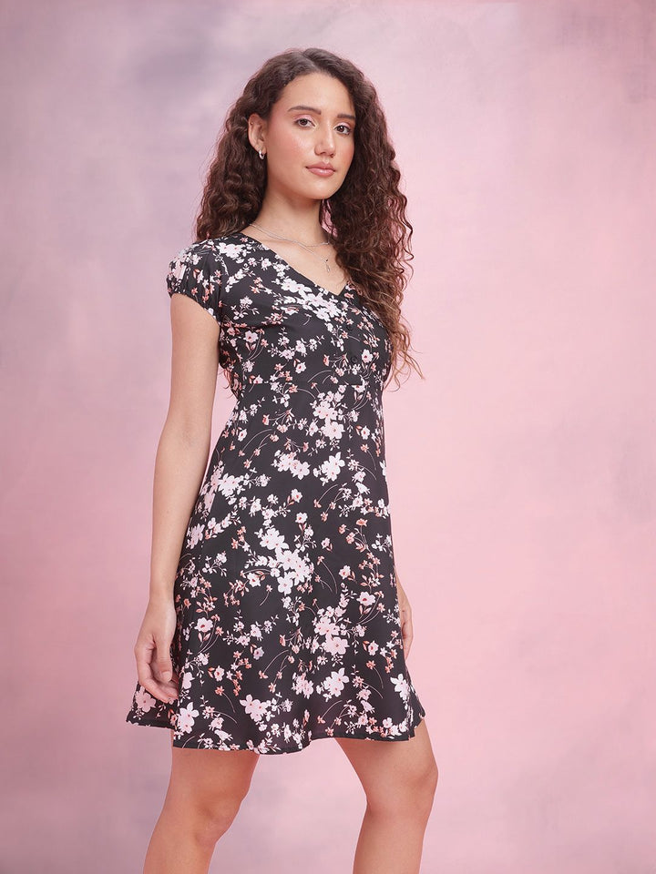 DressBerry Floral Print Puff Sleeve A-Line Mini Dress