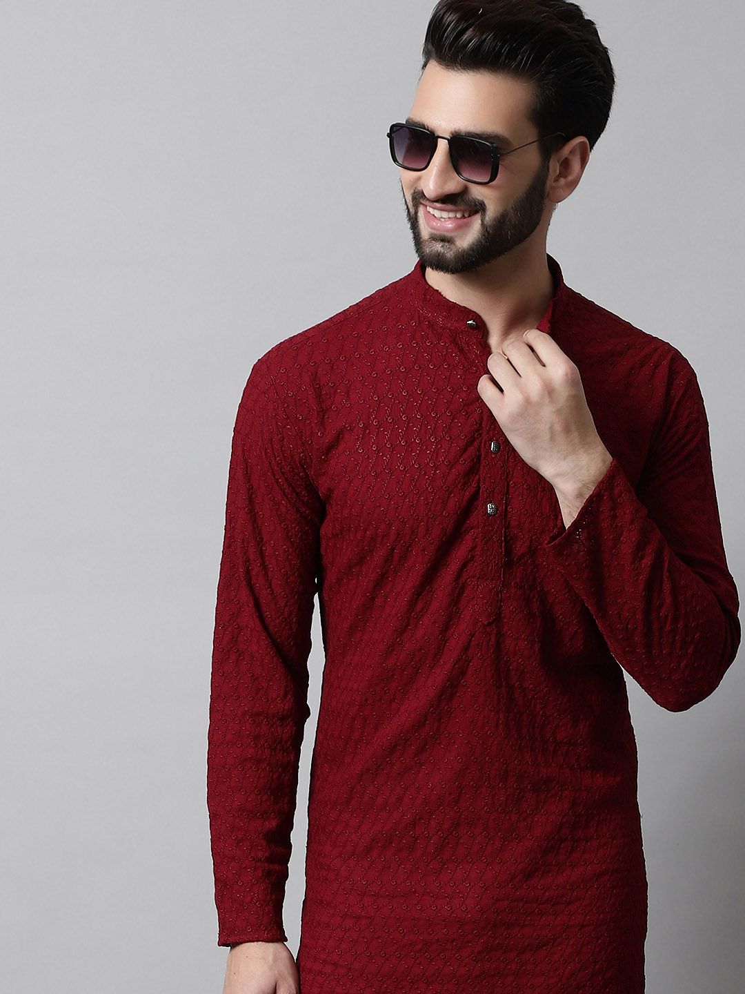 Jompers Men Maroon Embroidered Chikankari Pure Cotton Kurta with Pyjamas