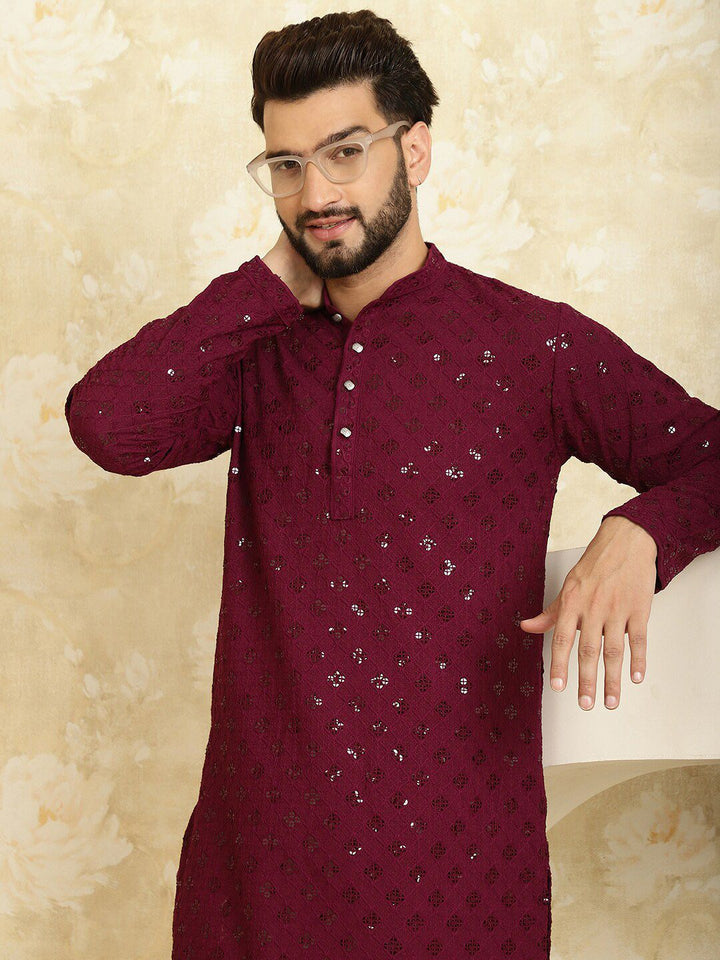 SOJANYA Geometric Embroidered Band Collar Sequinned Pure Cotton Kurta With Churidar