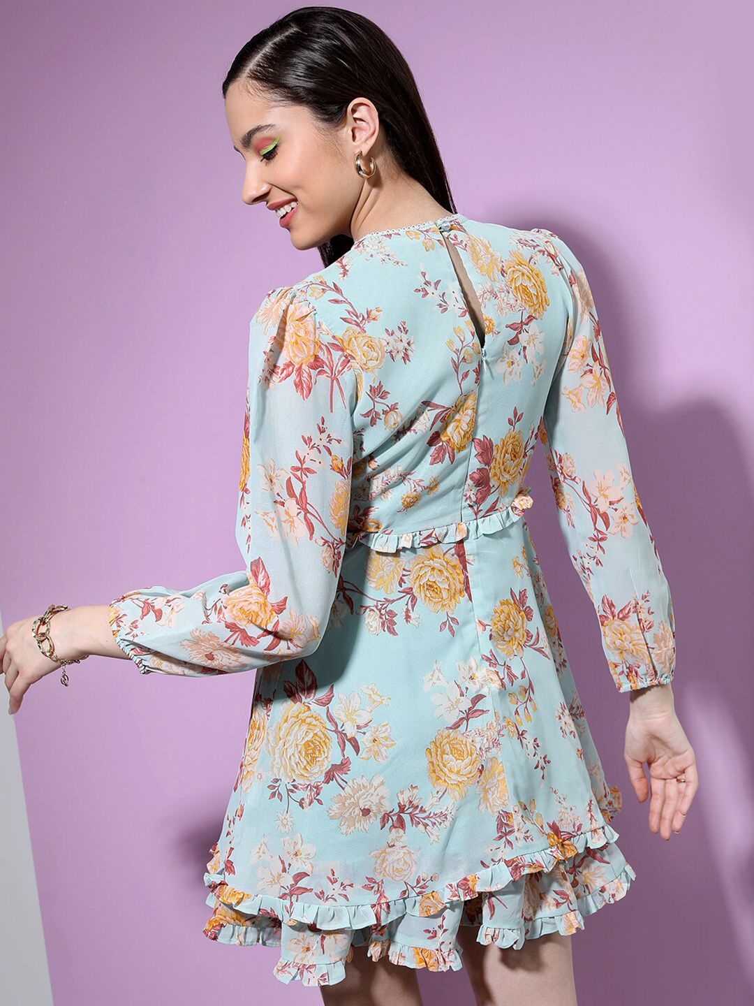 Tokyo Talkies Layered Pleats Floral Printed Puff Sleeve Fit & Flare Dress