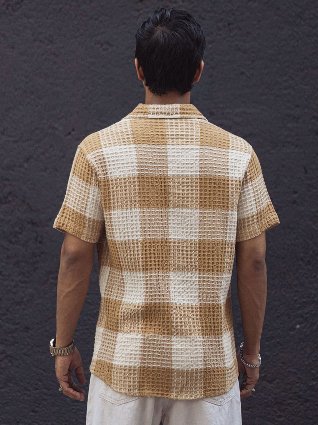 Powerlook Men Tartan Checks Opaque Checked Casual Shirt 02-1051520-S-Beige and Off White