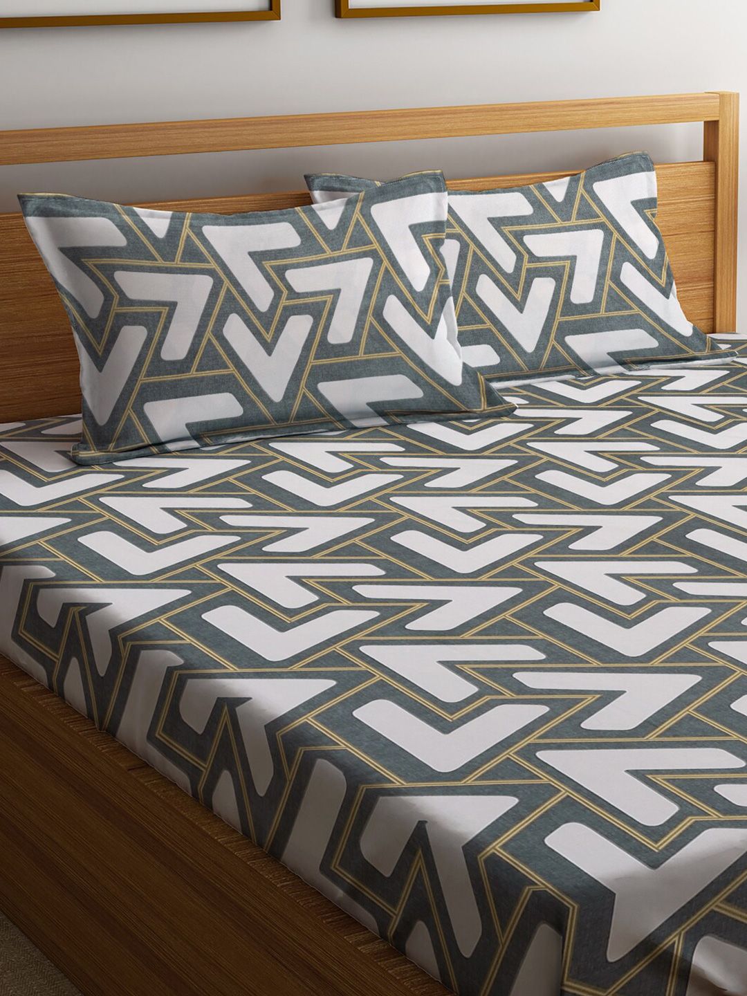 KLOTTHE White Geometric Polycotton 300 TC Dilengkapi Cadar King Halus dengan 2 Sarung Bantal-250 x 225 cm