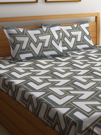 KLOTTHE White Geometric Polycotton 300 TC Dilengkapi Cadar King Halus dengan 2 Sarung Bantal-250 x 225 cm