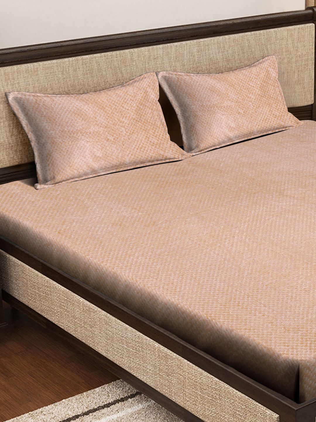 KLOTTHE Beige 300TC Woolen Fitted Double King Bedsheet & Pillow Covers