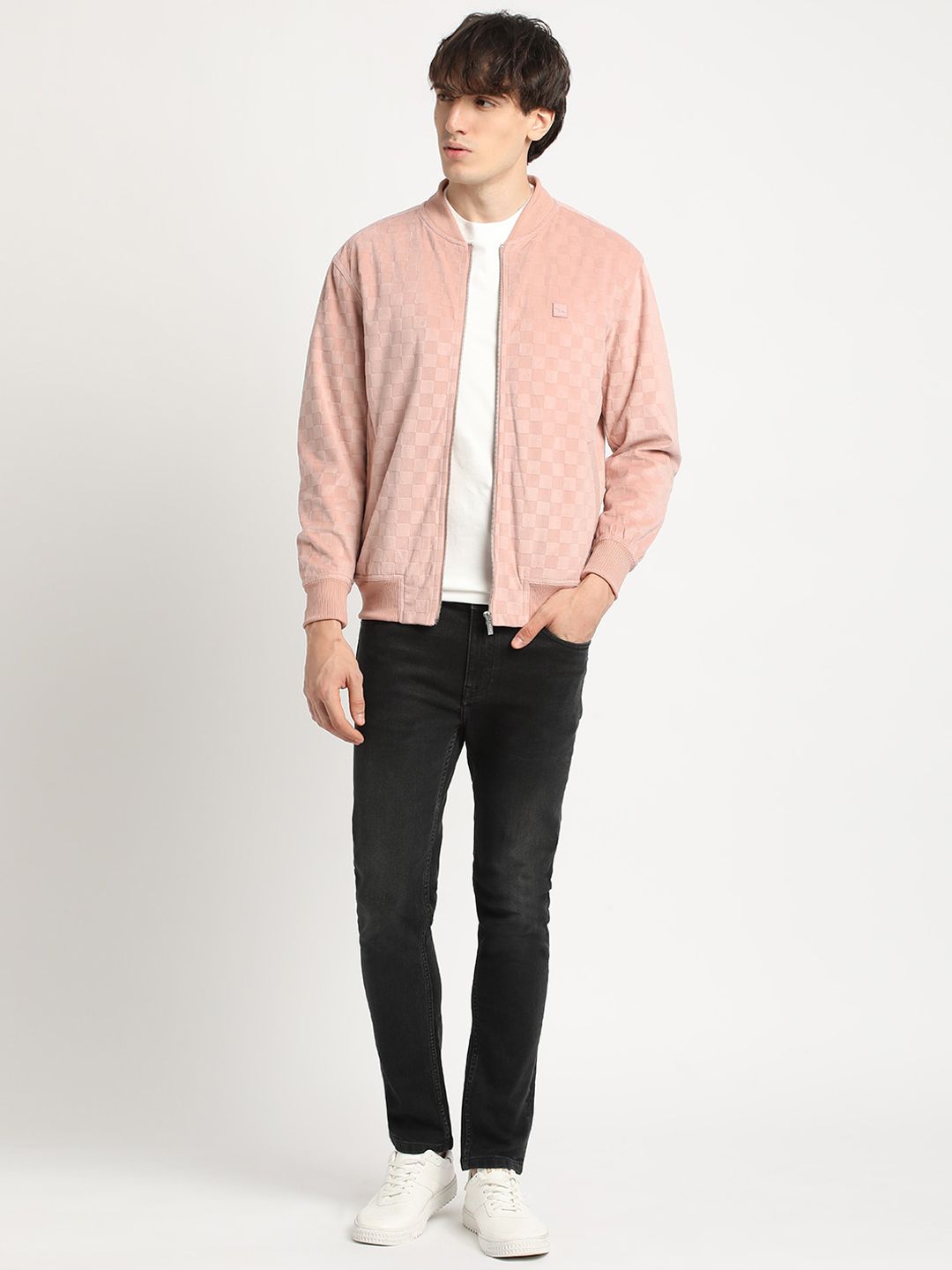 THE BEAR HOUSE Self Design Stand Collar Windcheater Bomber Jacket
