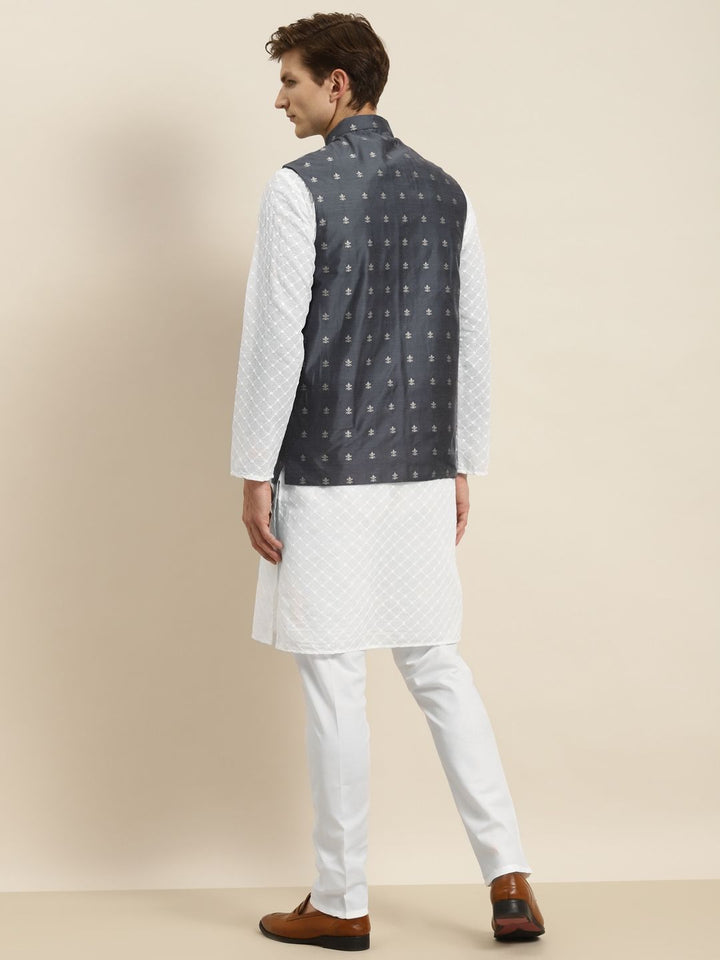 SOJANYA Men White Chikankari Pure Cotton Kurta with Churidar & Nehru Jacket