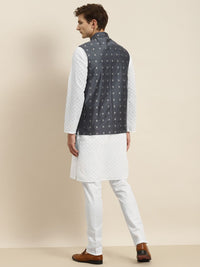 SOJANYA Men White Chikankari Pure Cotton Kurta with Churidar & Nehru Jacket