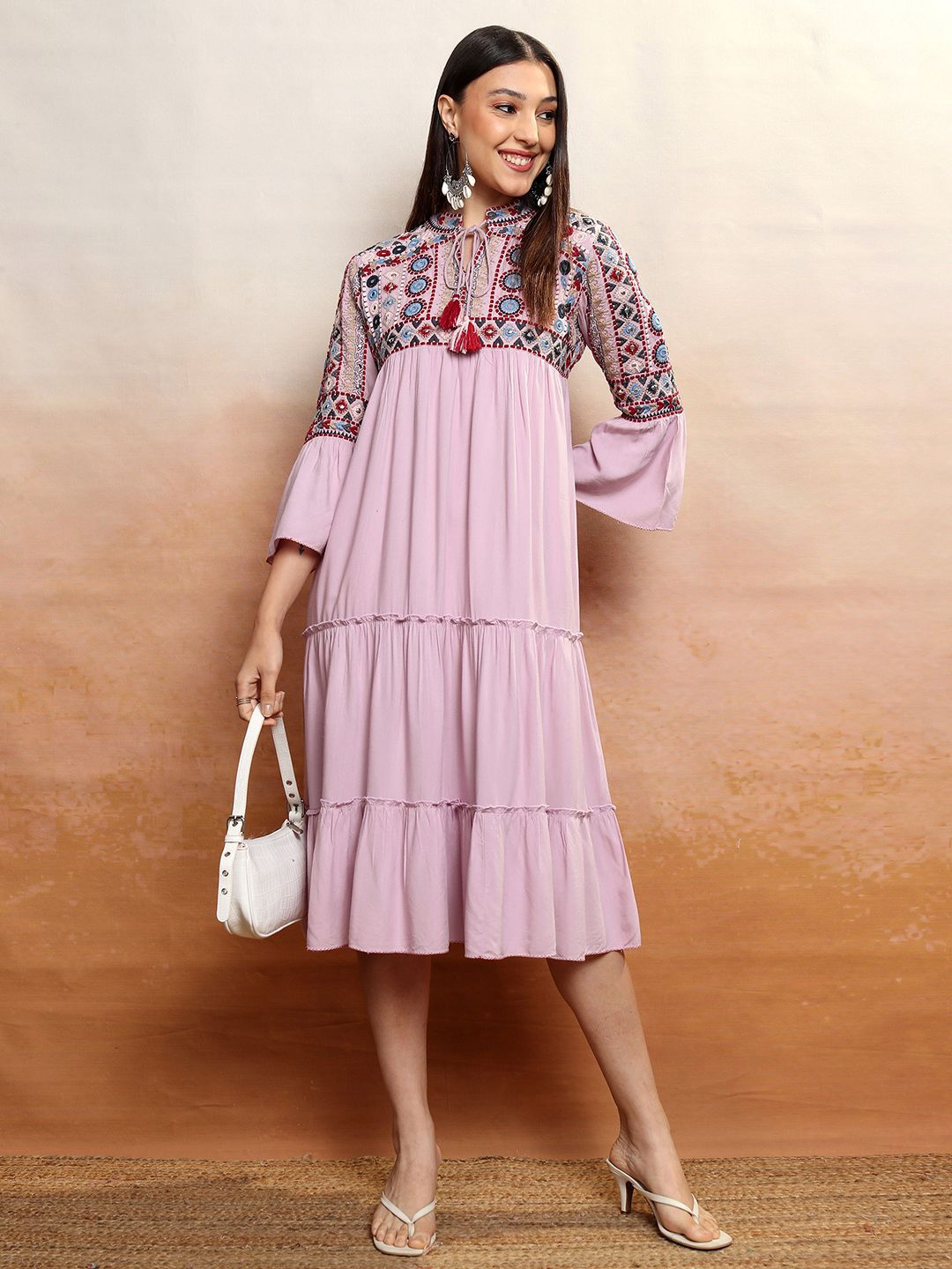 Vishudh Lavender Tie-Up Neck Embroidered Tiered Velvet Empire Midi Dress