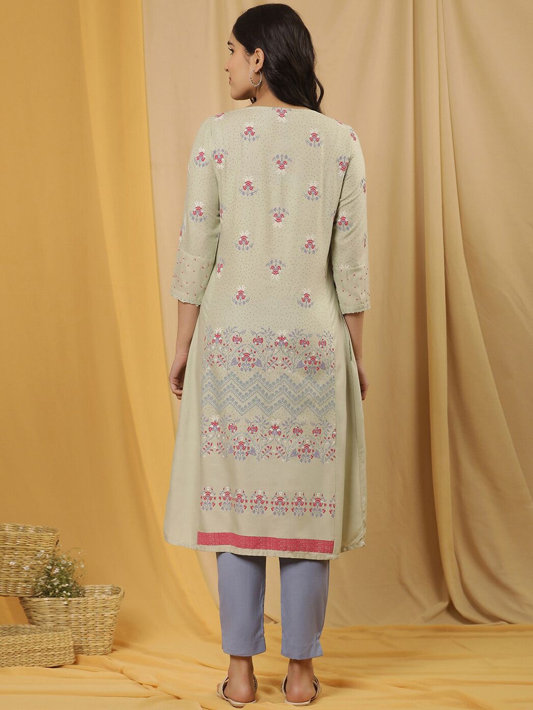 W Floral Printed Tie-Up Neck A-Line Kurta with Trouser