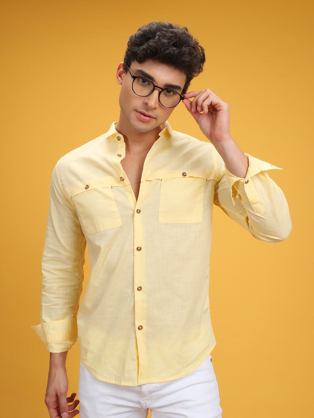 The Indian Garage Co Men Yellow Slim Fit Solid Pure Cotton Casual Shirt