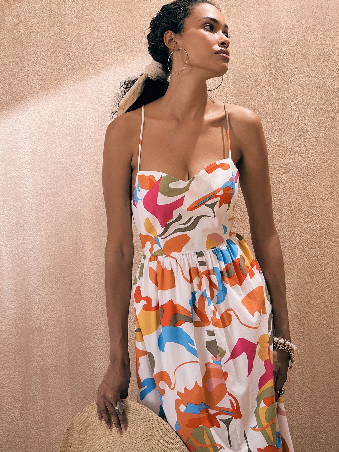 Pink Paprika by SASSAFRAS Abstract Printed Shoulder Straps Poplin Fit & Flare Midi Dress
