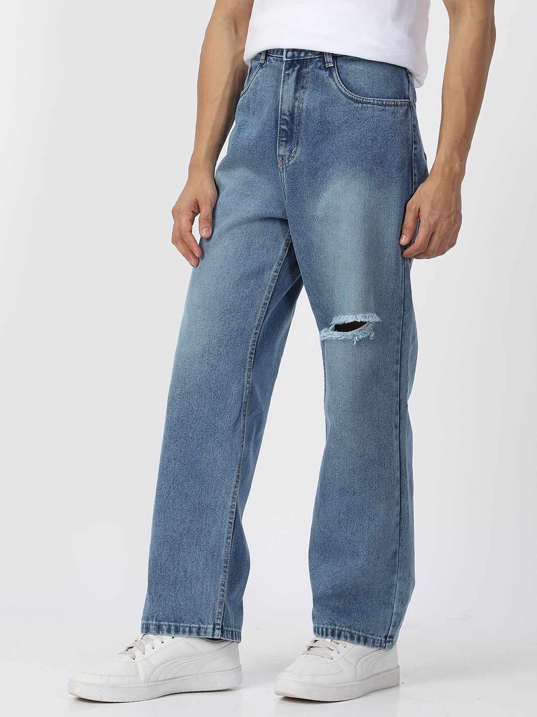 Urbano Fashion Men Pure Cotton Loose Relaxed Fit Slash Knee Heavy Fade Jeans