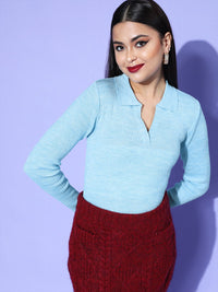 Berrylush Women Alluring Turquoise Blue Solid Knits Bits Sweater