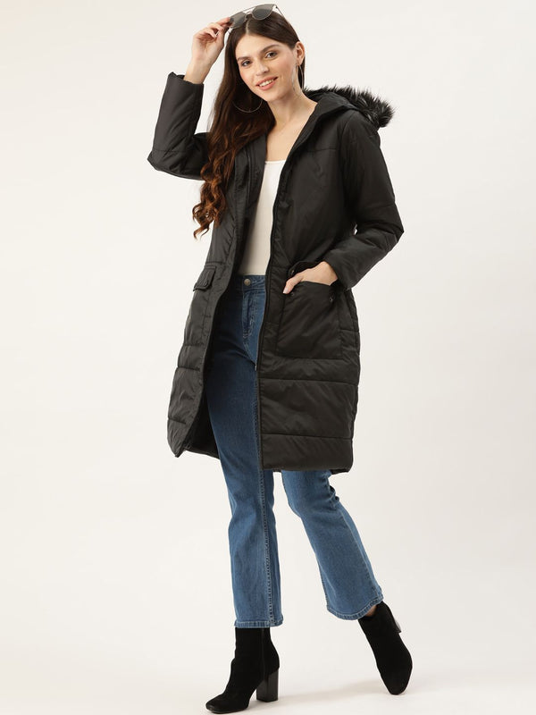 DressBerry Women Black Solid Longline Parka Jacket