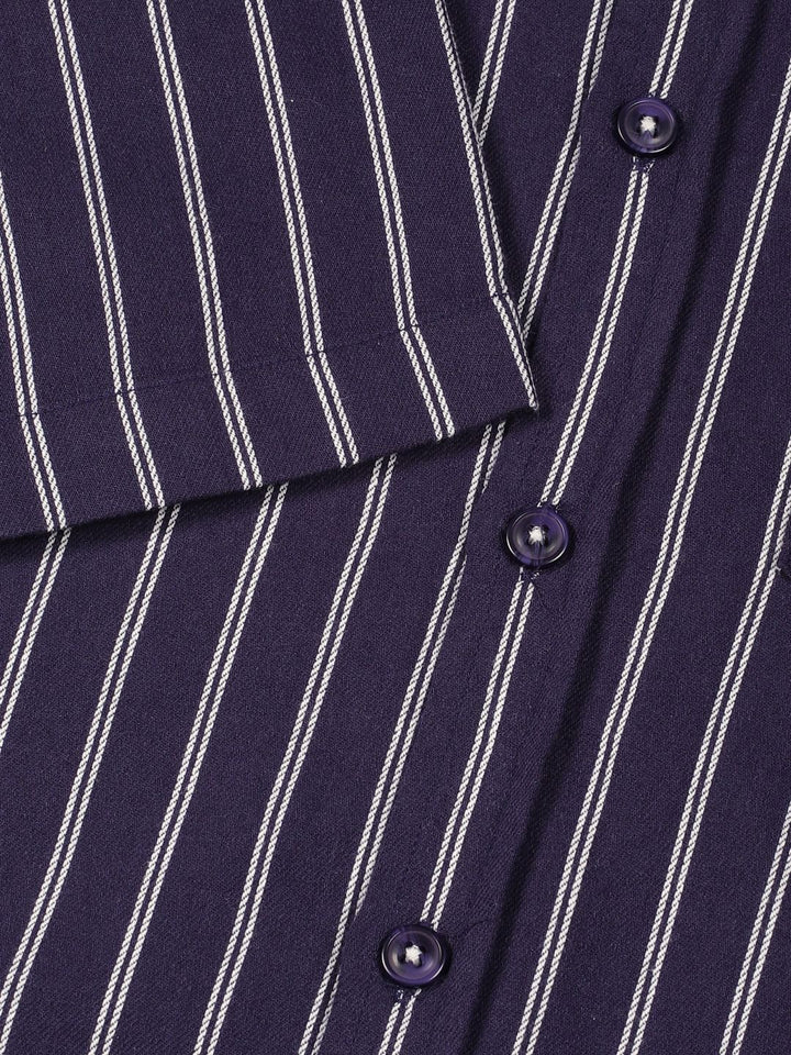 Thomas Scott Men Classic Slim Fit Spread Collar Vertical Striped Cotton Casual Shirt