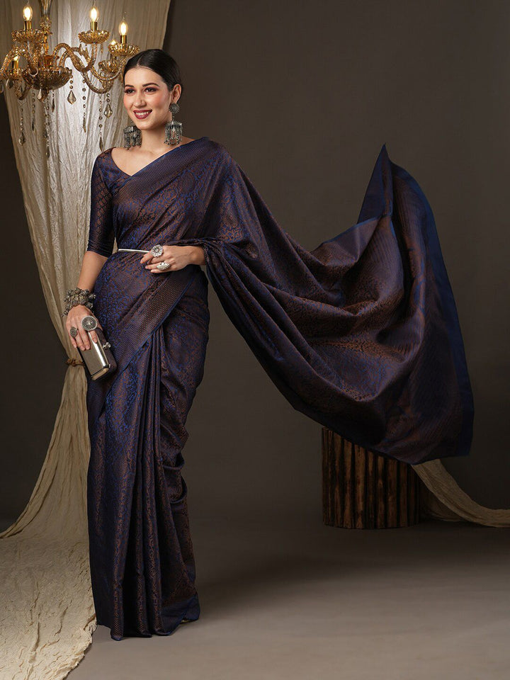 Saree mall Navy Blue & Gold-Toned Woven Design Zari Silk Blend Banarasi Sarees