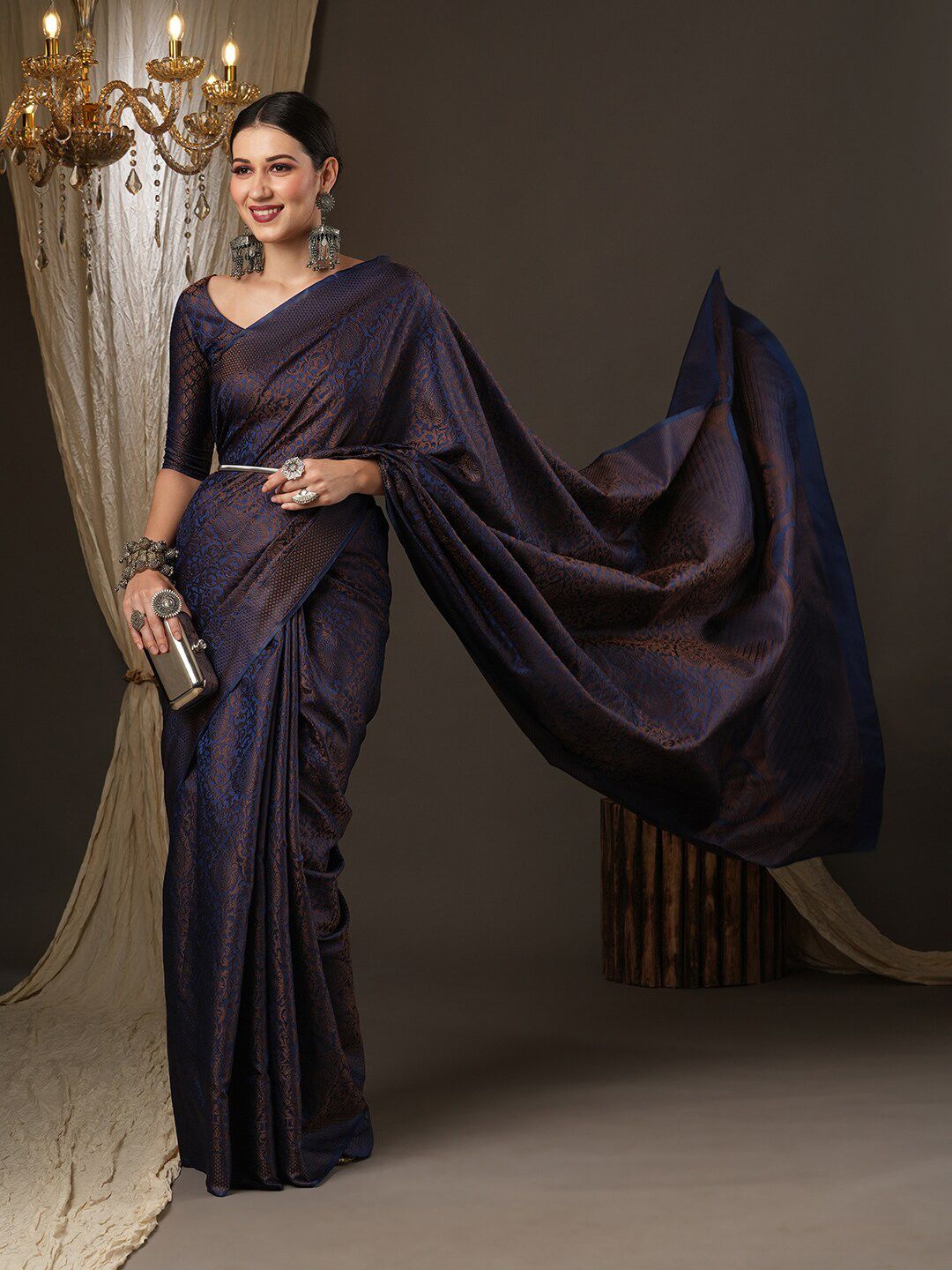 Saree mall Navy Blue & Gold-Toned Woven Design Zari Silk Blend Banarasi Sarees