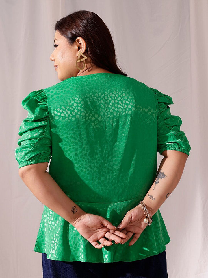 CURVY STREET Plus Size V-Neck Puff Sleeves Jacquard Satin Regular Top