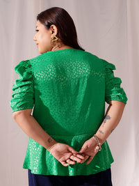 CURVY STREET Plus Size V-Neck Puff Sleeves Jacquard Satin Regular Top