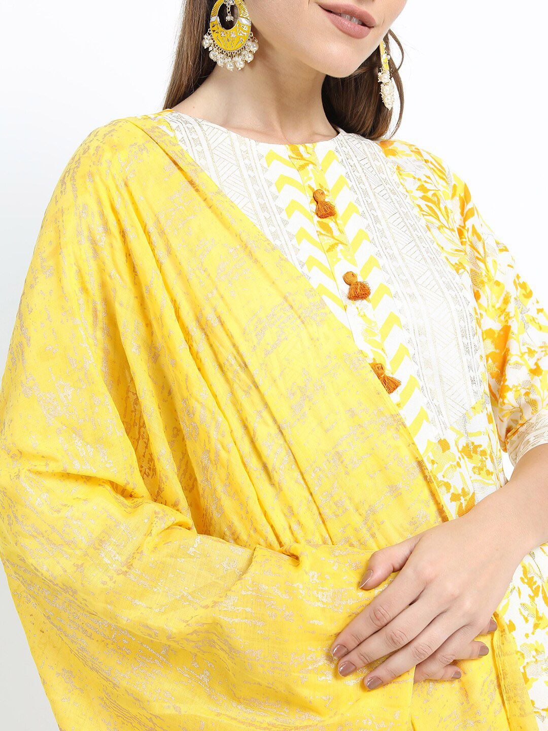 Vishudh Women Mustard Yellow Printed Kurta with Trousers & With Dupatta