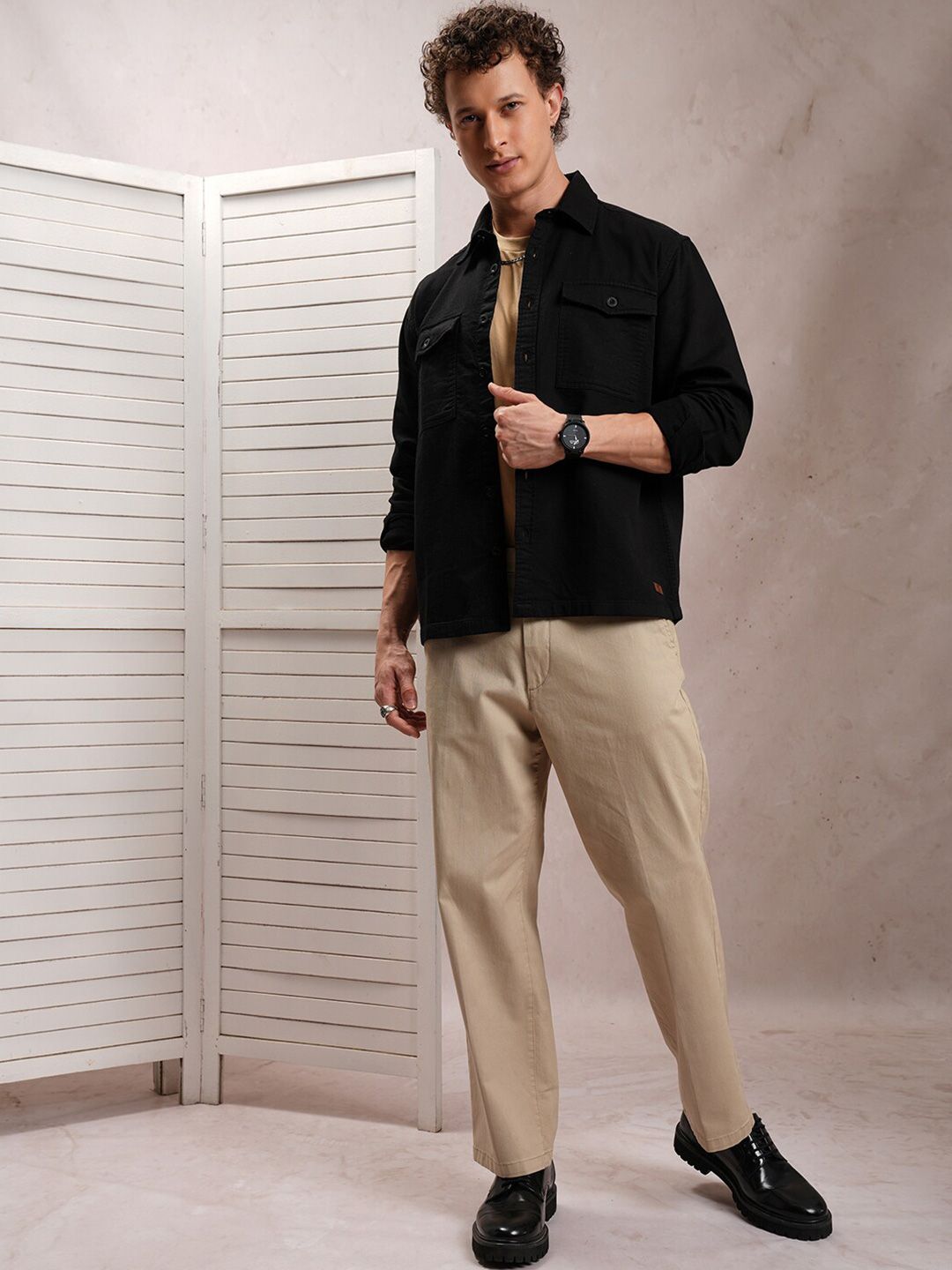Locomotive Men Dobby Textured Solid Utility Pocket Overshirt