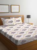 KLOTTHE White Ethnic Motifs Cotton 300 TC Fitted King Fine Bedsheet with 2 Pillow Covers-98 x 89 inches
