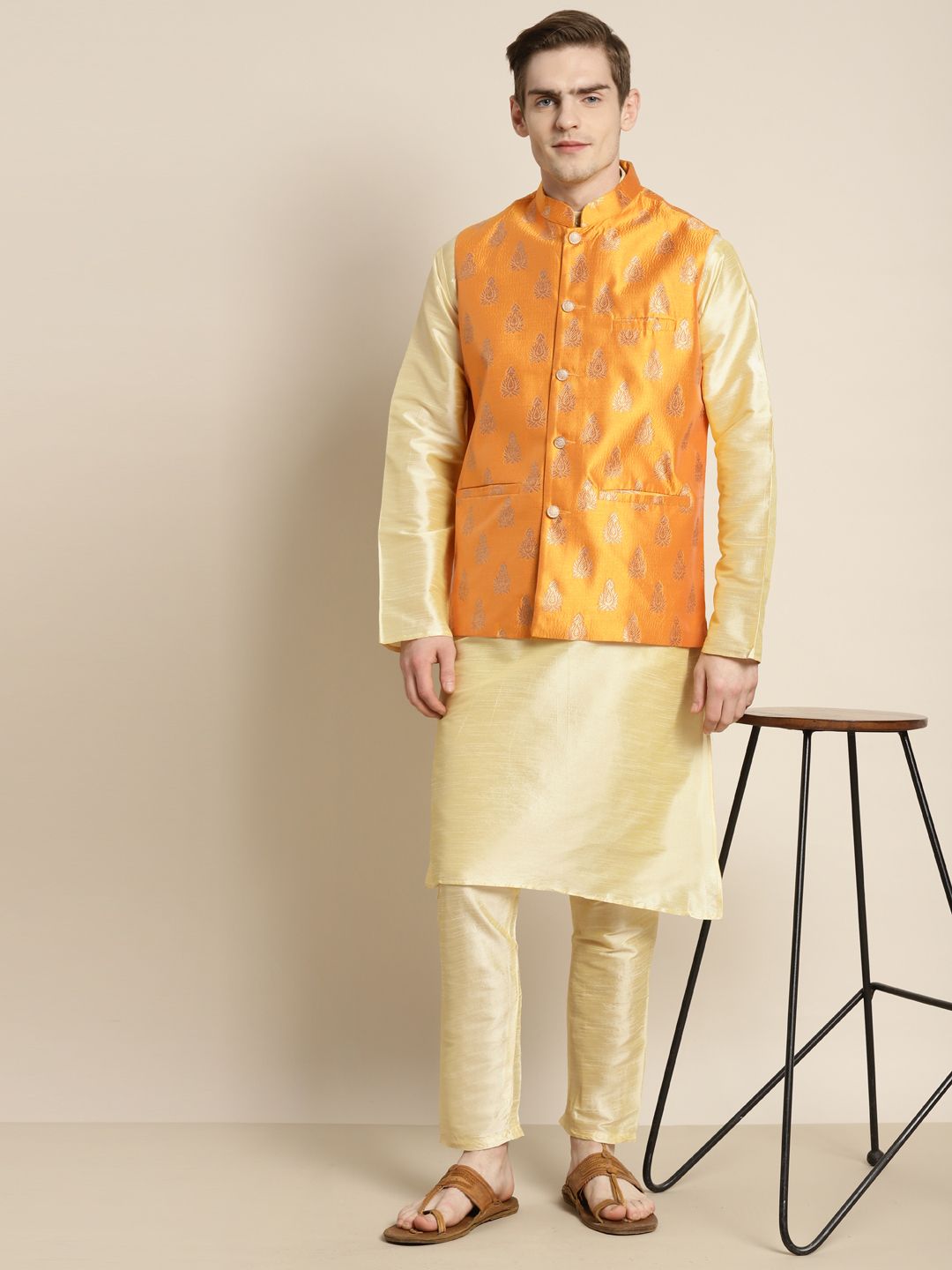 SOJANYA Men Kurta with Churidar & Woven Design Nehru Jacket