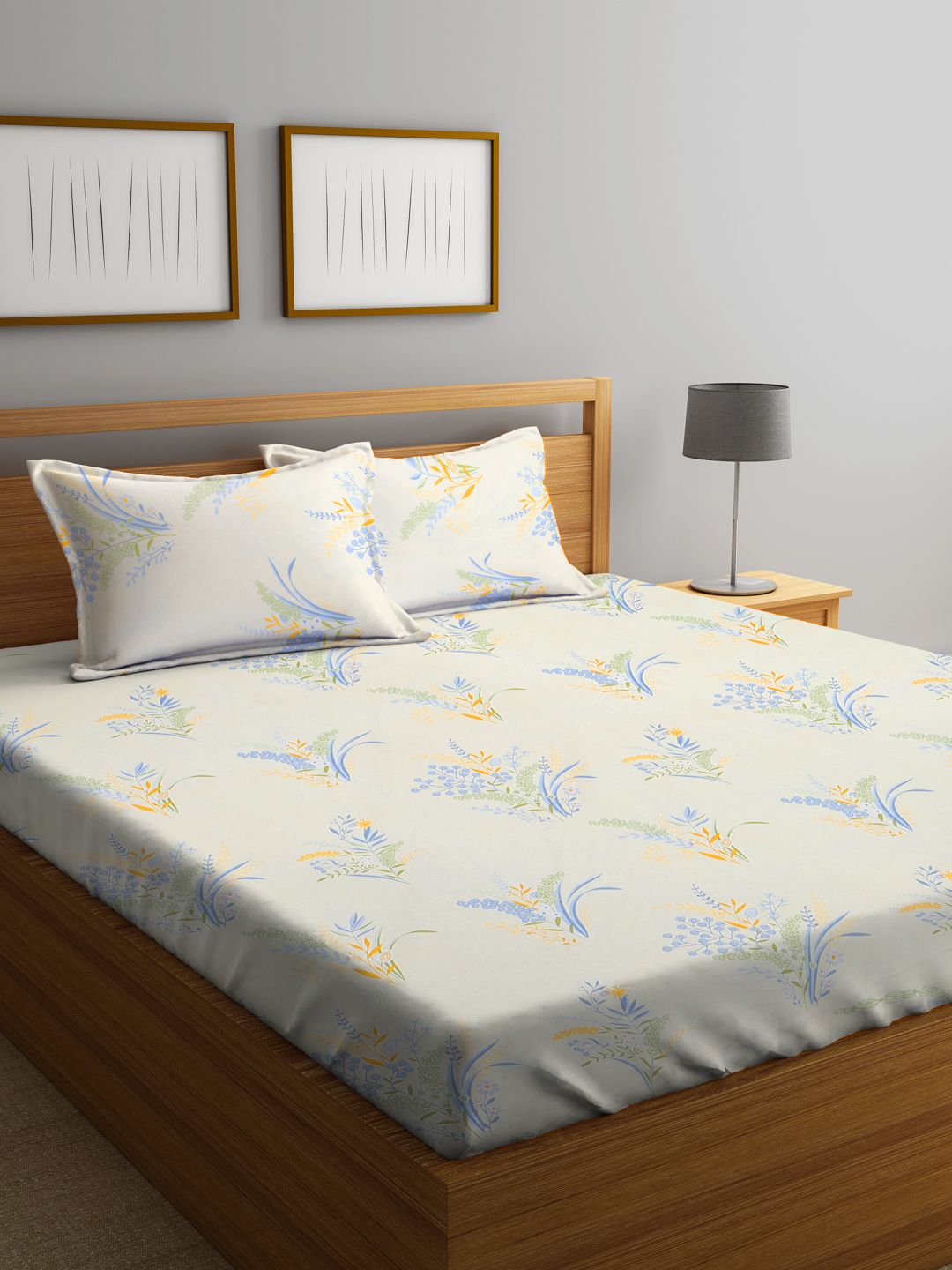 KLOTTHE White & Blue Floral Printed 300 TC Fitted King Bedsheet with 2 Pillow Covers