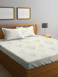 KLOTTHE White & Blue Floral Printed 300 TC Fitted King Bedsheet with 2 Pillow Covers