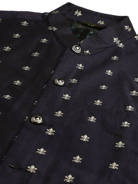 SOJANYA Men Grey & Navy Blue Self-Design Kurta with Churidar & Nehru Jacket
