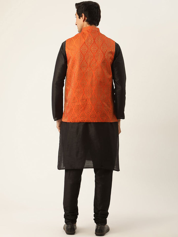 SOJANYA Men Black Solid Kurta with Churidar & Nehru Jacket