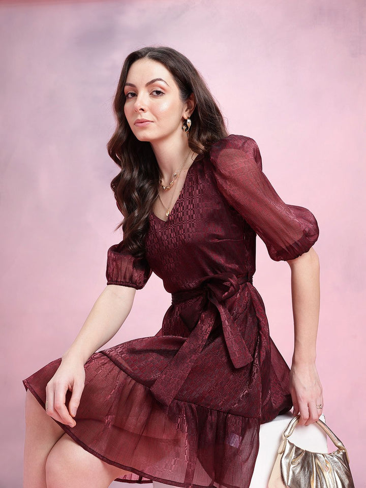 DressBerry Geometric Self-Design Puff Sleeves Party Fit & Flare Dress with Belt