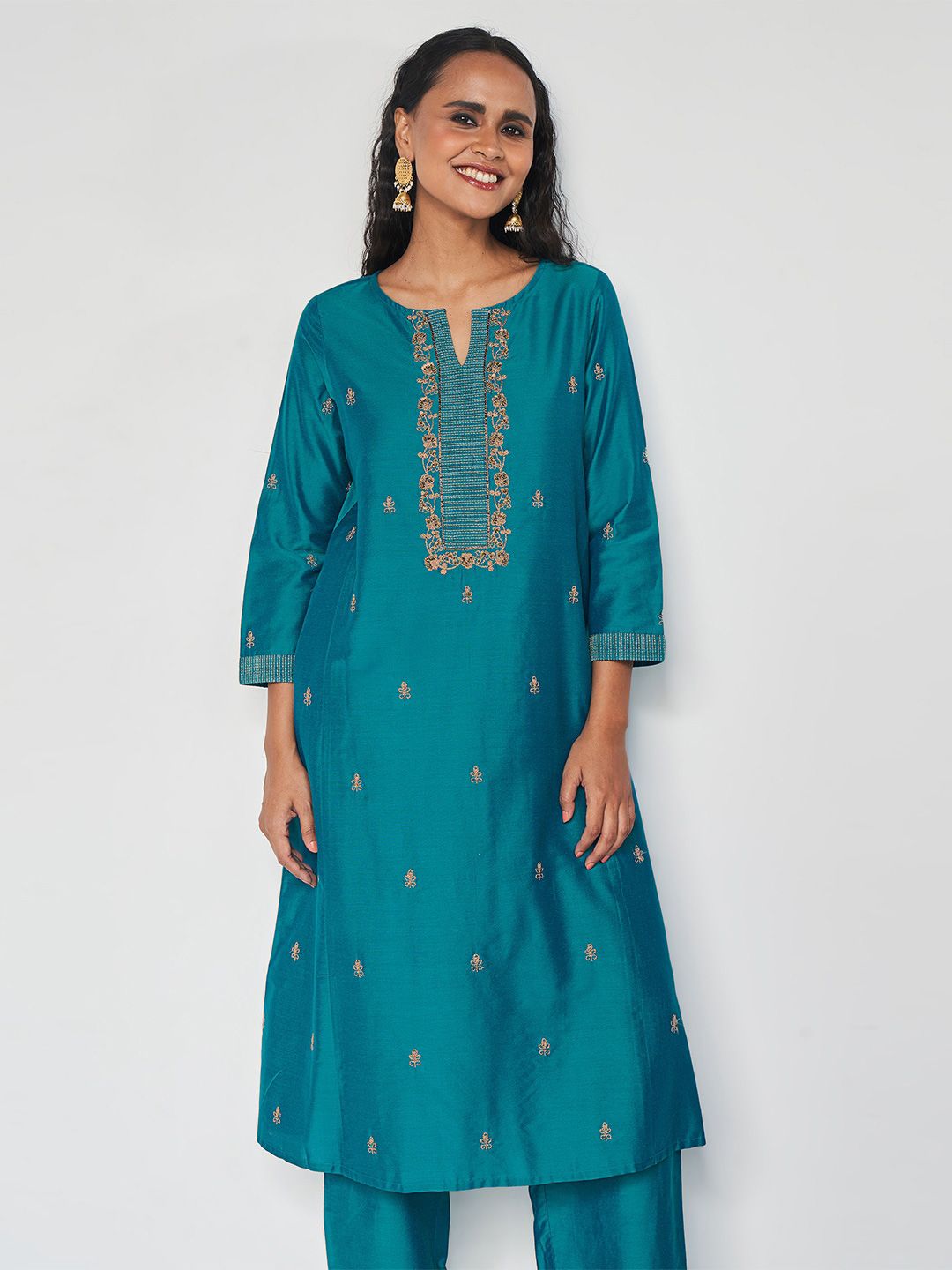 Global Desi Floral Embroidered Thread Work Detail A-Line Kurta with Trousers