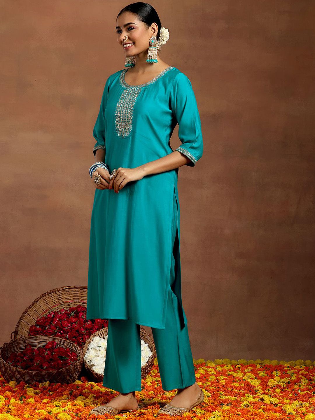 Gerua By Libas Floral Embroidered Straight Kurta with Trousers & With Dupatta