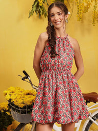 QUIERO Women Geometric Printed Round Neck Georgette A-Line Mini Dress