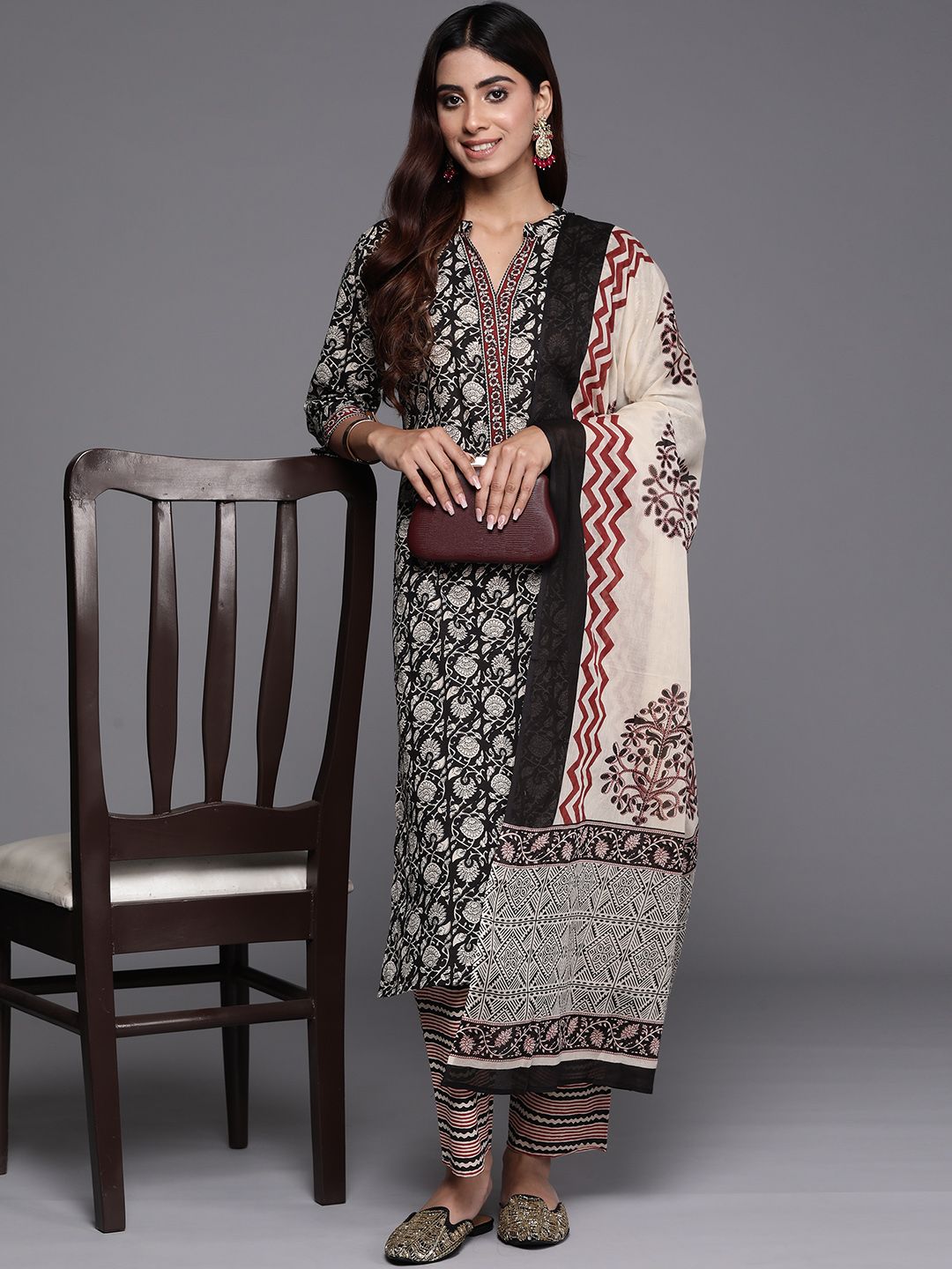 Libas Women Floral Printed Regular Pure Cotton Kurta with Palazzos & Dupatta