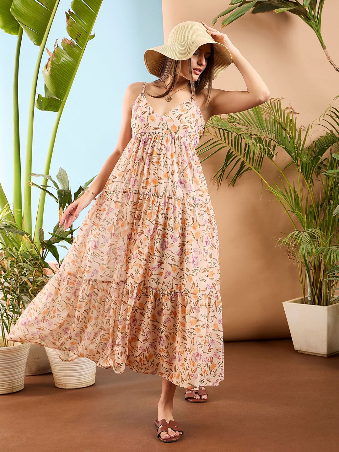 SASSAFRAS Floral Printed Shoulder Straps Georgette Tiered Maxi Dress