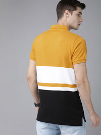 THE BEAR HOUSE Men Mustard Yellow  Black Colourblocked Polo Collar Slim Fit Pure Cotton T-shirt