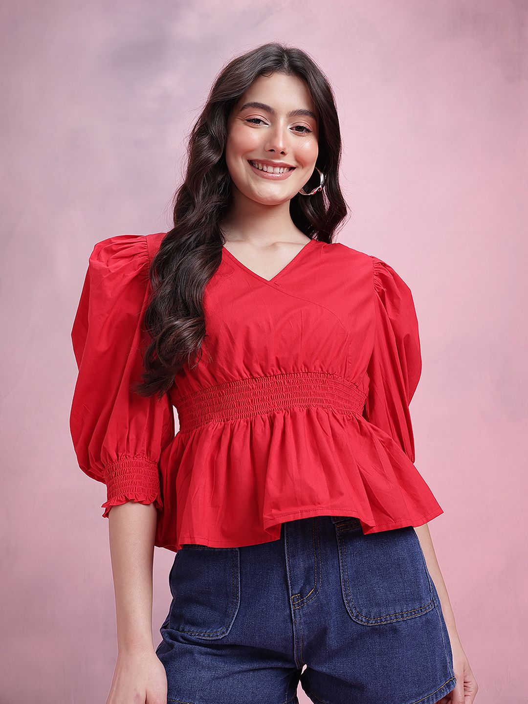 DressBerry Smocked Pure Cotton Peplum Top
