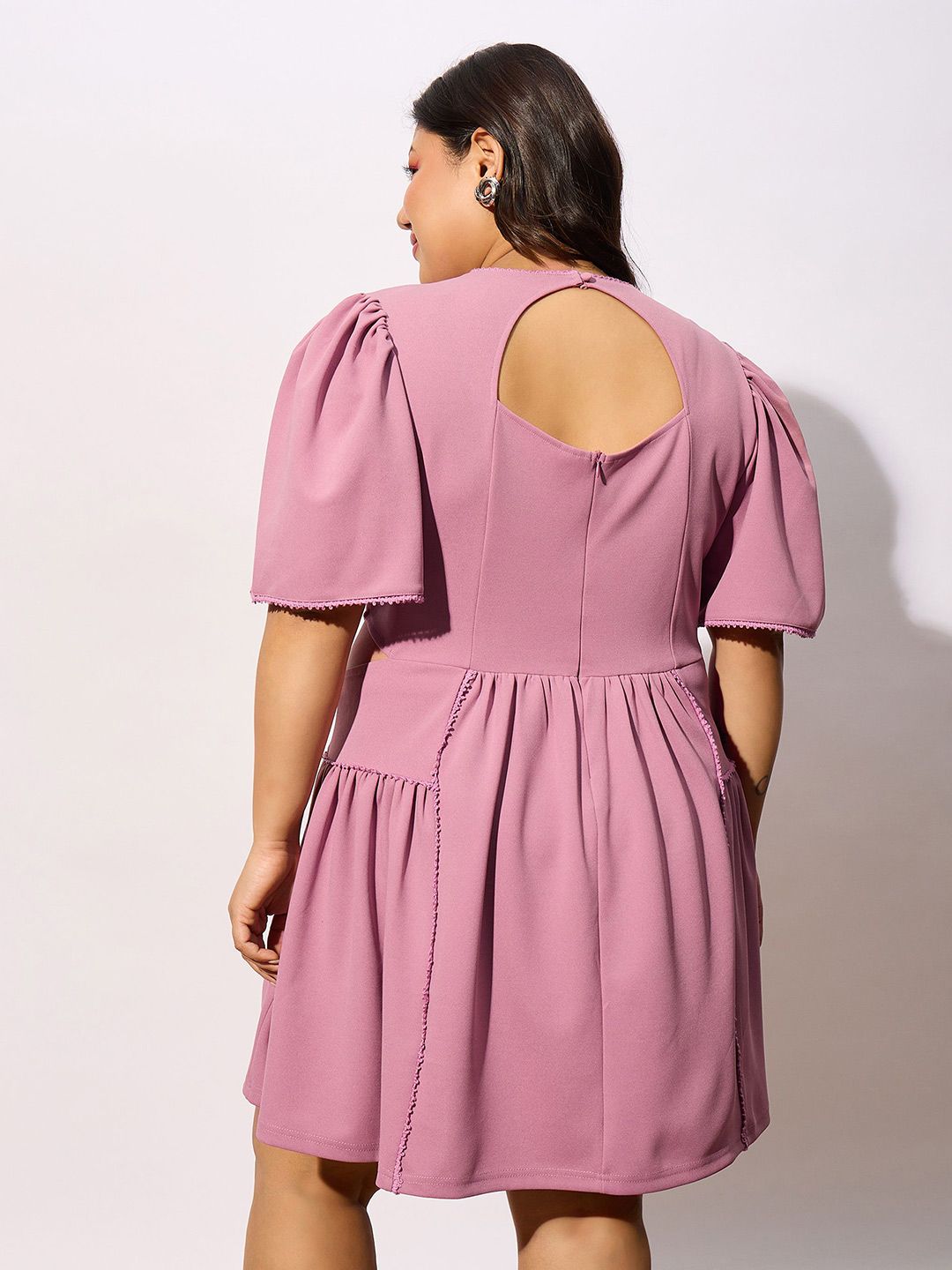 SASSAFRAS Curve Plus Size Pink Round Neck Puff Sleeves Gathered Fit & Flare Dress