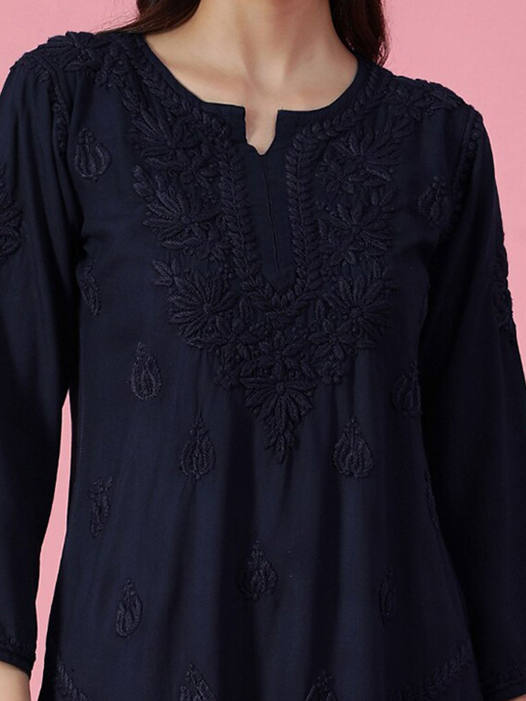 House of Chikankari Women Navy Blue Rayon Chikankari Sulam Kurti