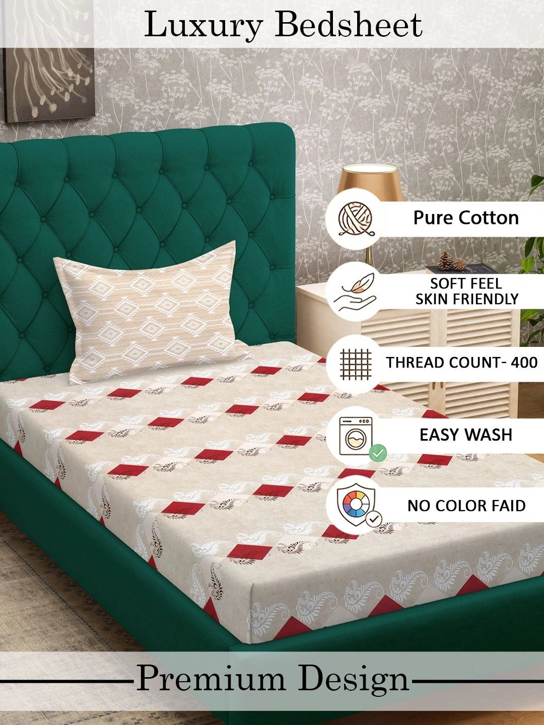 Myntra Elegant Homes Beige Geometric 400 TC Single Bedsheet with 1 Pillow Covers
