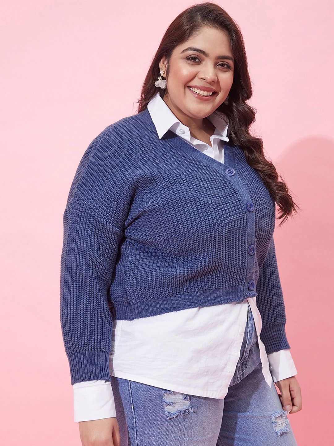 CURVY STREET Women Plus Size Ribbed Acrylic Crop Cardigan