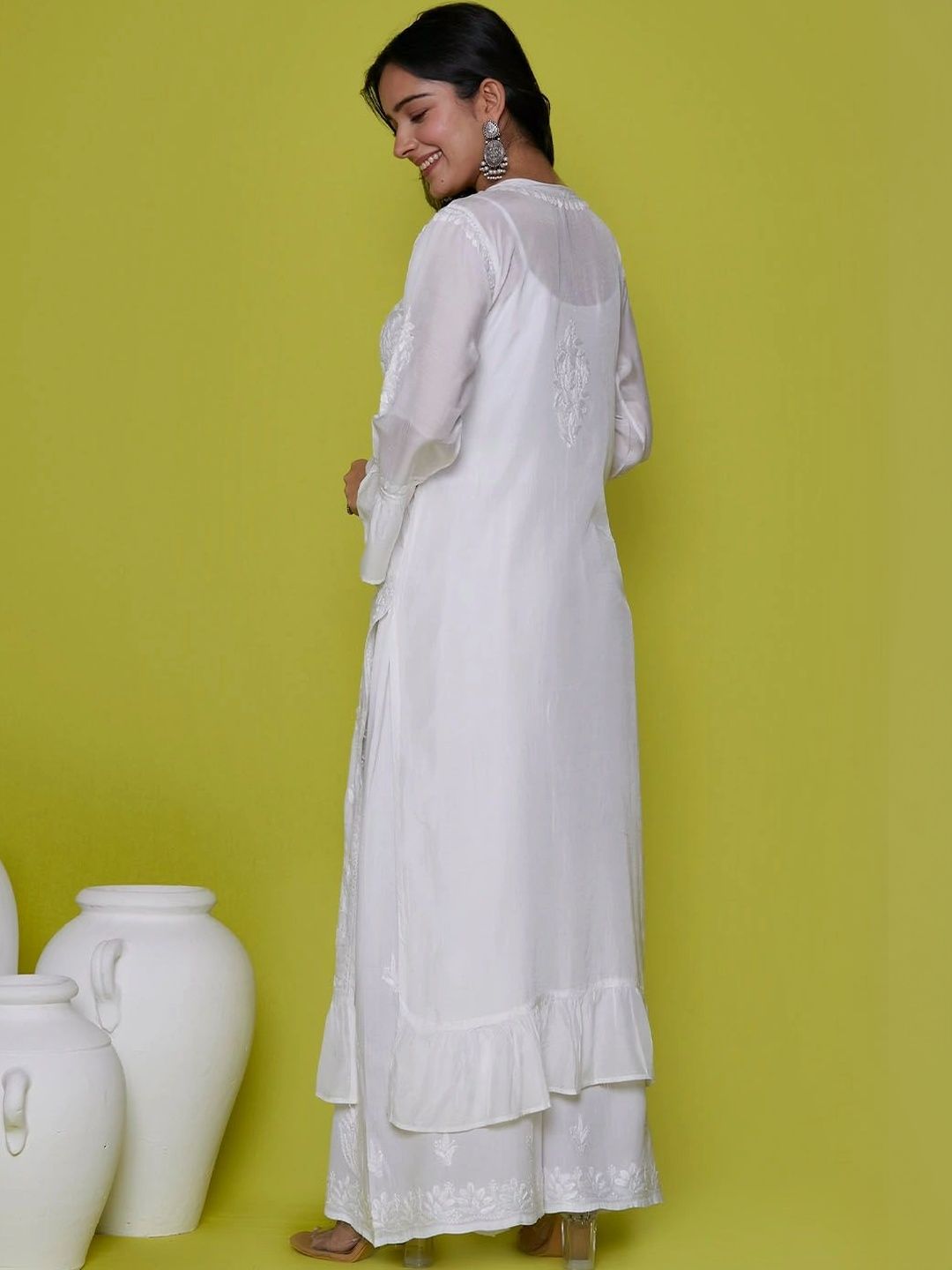 Rumah Chikankari Wanita Sulam Lengan Berkobar Chikankari White Romance Kurta