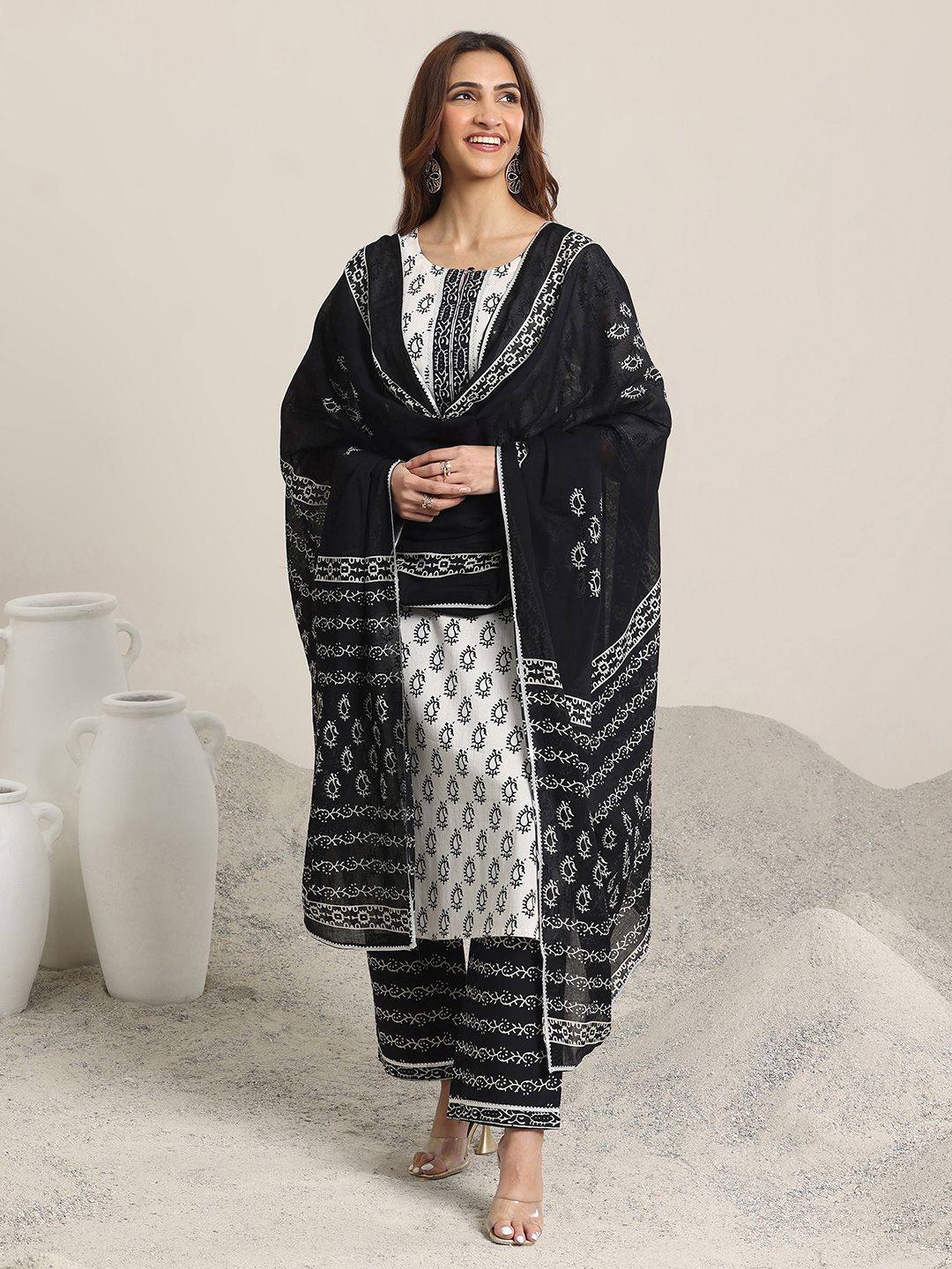 Libas Off White Paisley Printed Keyhole Neck Pure Cotton Kurta With Trousers & Dupatta