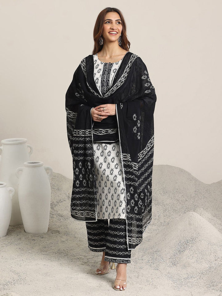 Libas Off White Paisley Printed Keyhole Neck Pure Cotton Kurta With Trousers & Dupatta