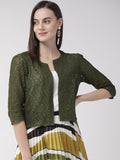 Style Quotient Women Olive Green Self Design Open Front Crop Shrug